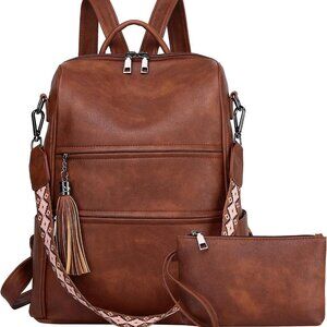 Brown Leather Women's Backpack with Tassel